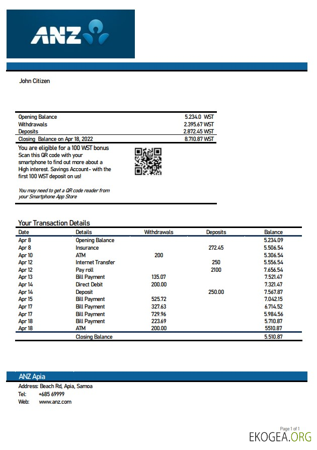 Relevé bancaire Samoa ANZ